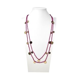 Sugarfix Seed Bead Necklace Long Raspberry Color Gold Tone Charms Boho